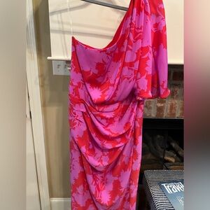 DO + BE Pink and Red One Shoulder dress.
